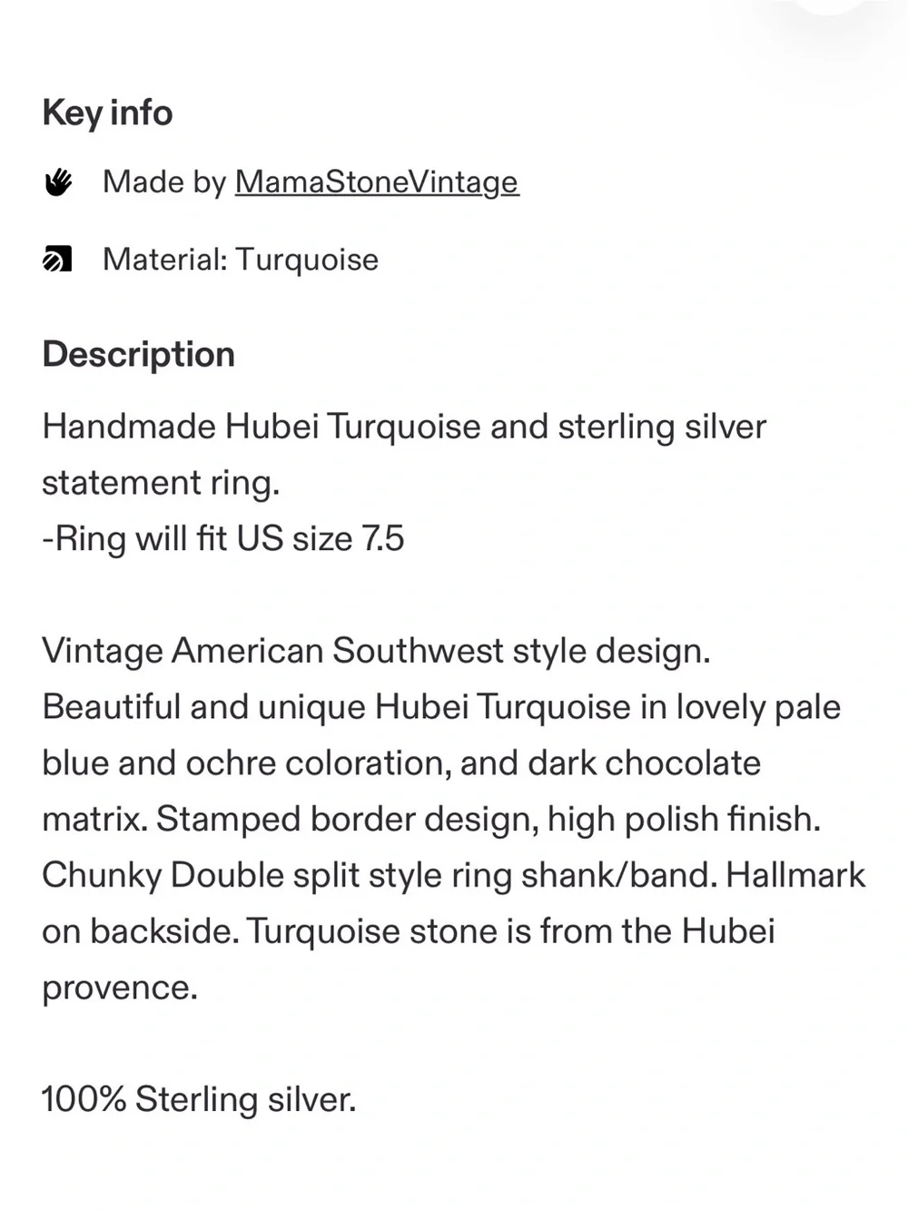 Hubei Turquoise Sterling Ring by “Mama Stone Vintage” Southwestern, Native